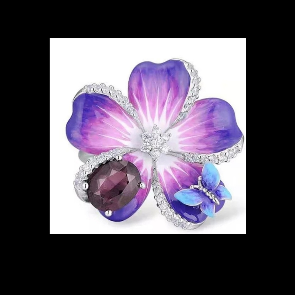 Sterling Silver pink purple enamel flower and amethyst boho chic ring sz 8 new